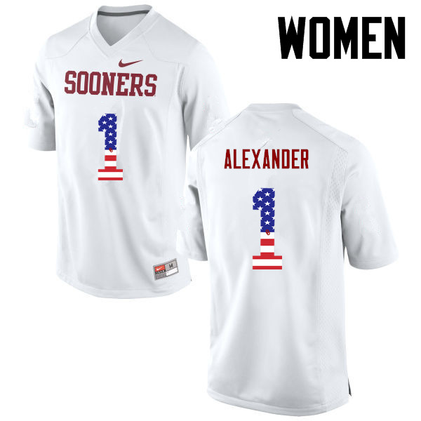 Women Oklahoma Sooners #1 Dominique Alexander College Football USA Flag Fashion Jerseys-White - Click Image to Close
